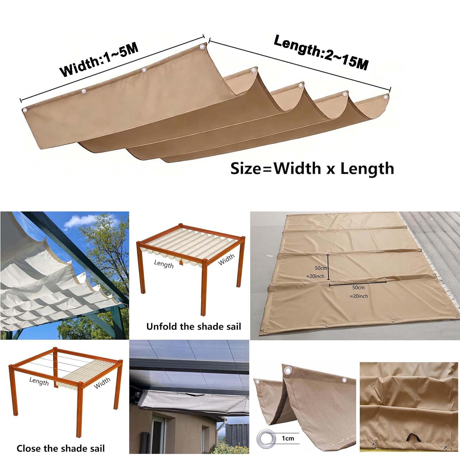 Einziehbar Welle Sonnensegel(Benutzerdefinierte Größen), Sonnenschutz UV-Schutz Wetterfest ohne Bohren Reißfest Schattenabdeckung mit ösen und Seil für Pergola für Balkon und Garten