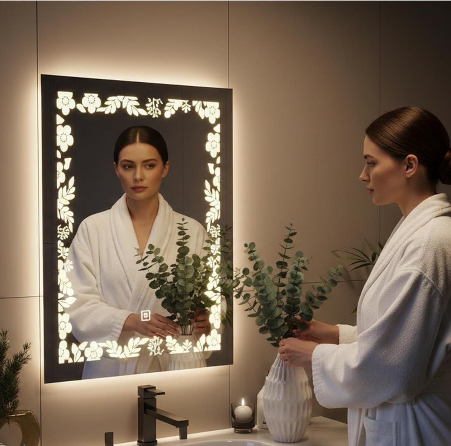 LED Lighted Bathroom Mirror with UL Certified Dimmable Backlight, Wall Mounted Vanity Mirror with Touch Control (32"x24", Flower)