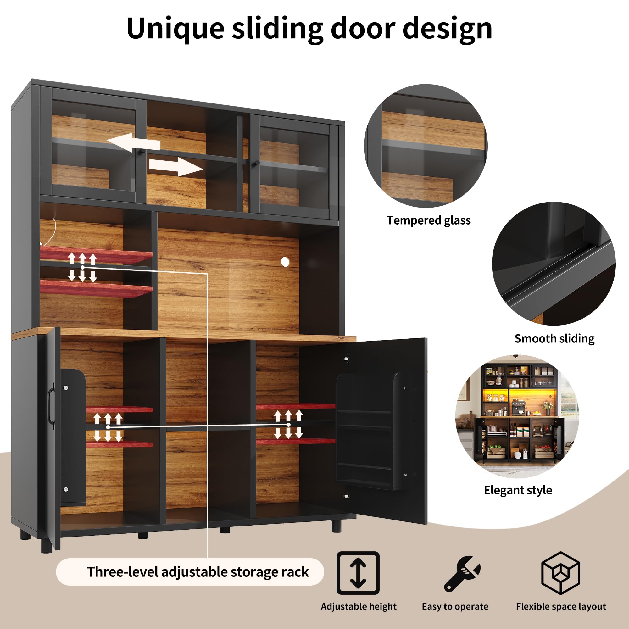 LAKFEW Alacena de Cocina Armario Cocina con Iluminación LED y Puerta Corredera de Cristal, Aparadores Mueble Auxiliar Cocina con Estante Ajustable y Puerta de Almacenaje, 140x40x185 cm, Negro