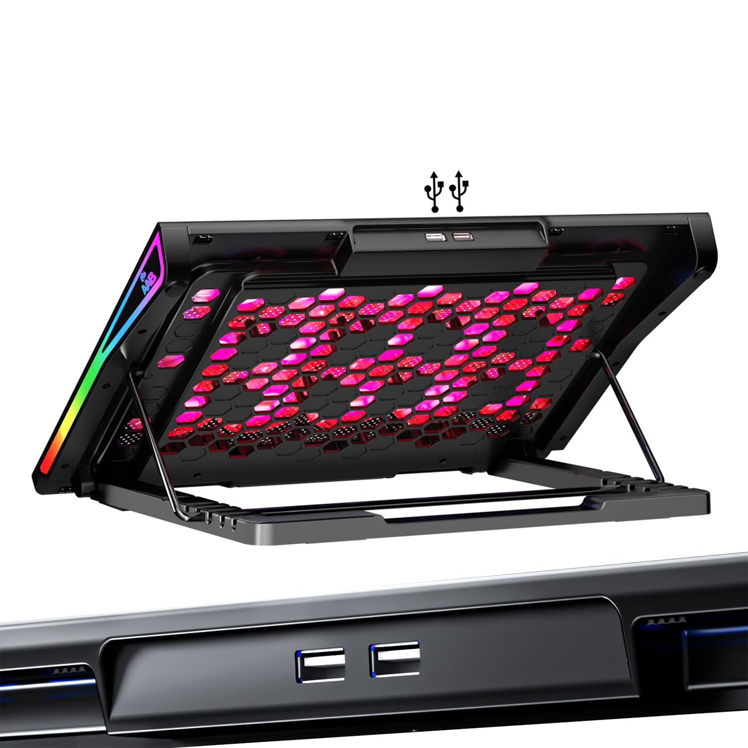 AABCOOLING SPATIUM - Podkładka Chłodząca do Laptopa do Gier 9-17", 15 Cichych, Wydajnych Wentylatorów, Sterowanie LCD, 5-Stopni Nachylenia, 2xUSB, Obudowa z Podświetleniem RGB, Podstawka pod Notebooka
