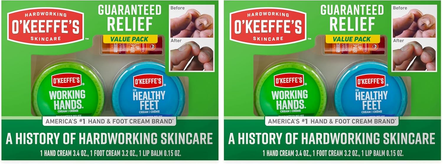 O'Keeffe's Giftbox Including Lip Repair with Cherry and Vitamin E Oil Stick,Working Hands Jar and Healthy Feet Jar,Gift Idea,(Pack of 2)