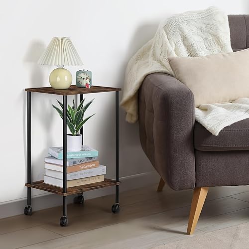 Miniatura 6 de Vrisa Mesas auxiliares industriales para dormitorio, mesita de noche con ruedas, mesita de noche con estantes de almacenamiento para espacios