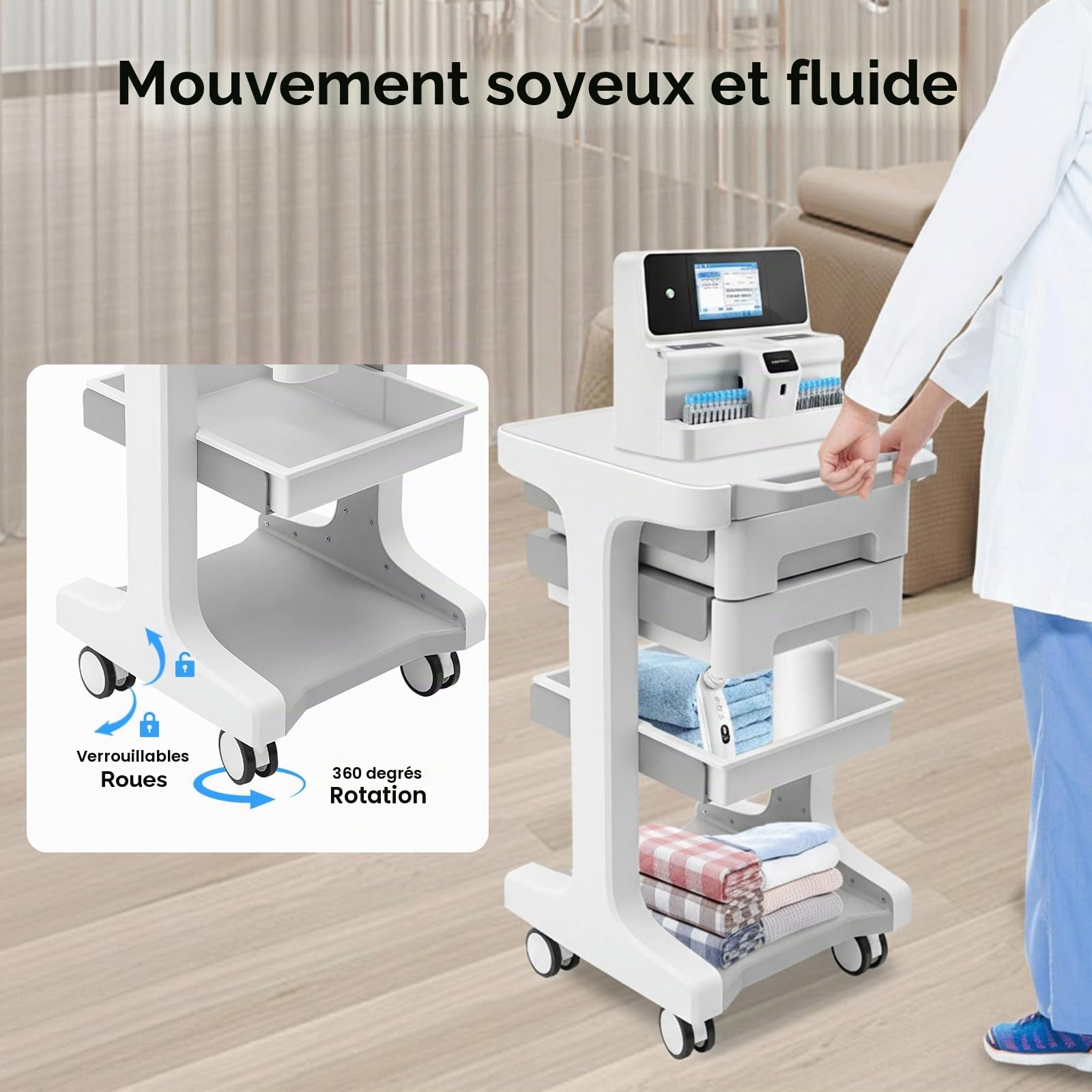 Chariot de laboratoire avec 2 tiroirs et étagère supérieure - 60 kg - Chariot de rangement - Chariot de rangement - Chariot de coiffeur - Chariot de travail - Chariot de service pour clinique et salon