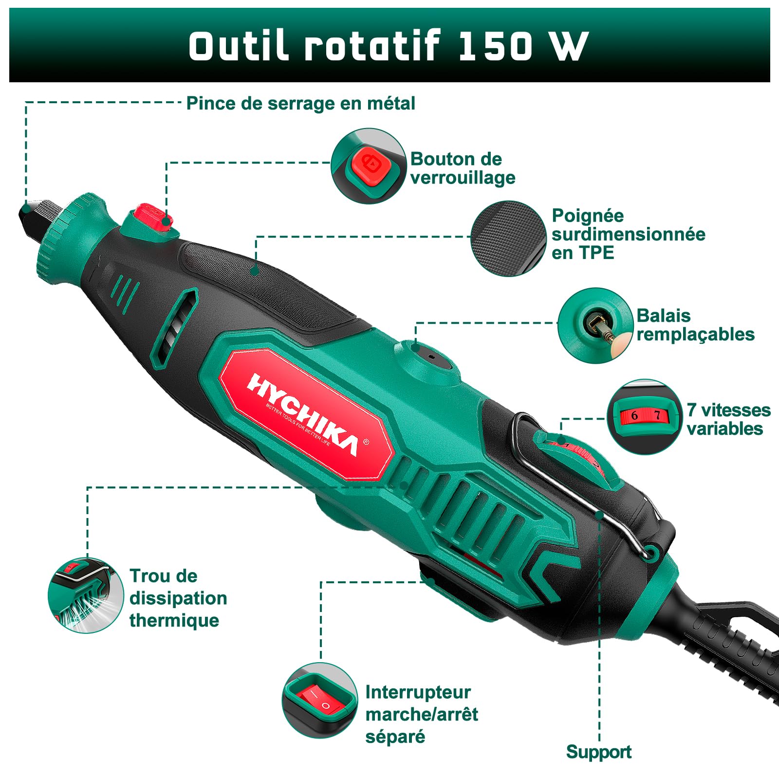 HYCHIKA 150W Outil Rotatif Affûteuse Chaîne 7 Vitesses 10000-33000 tr/min 167 Accessoires Ponçage Polissage Découpe Perçage Gravure