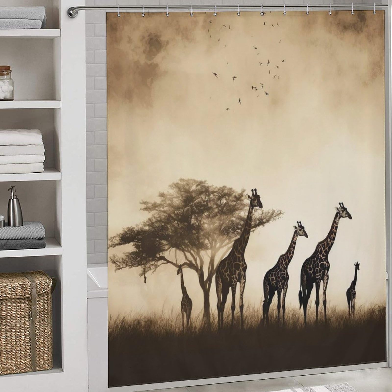 Rideau de douche girafe 183x183 cm imperméable en tissu polyester pour baignoire d'angle