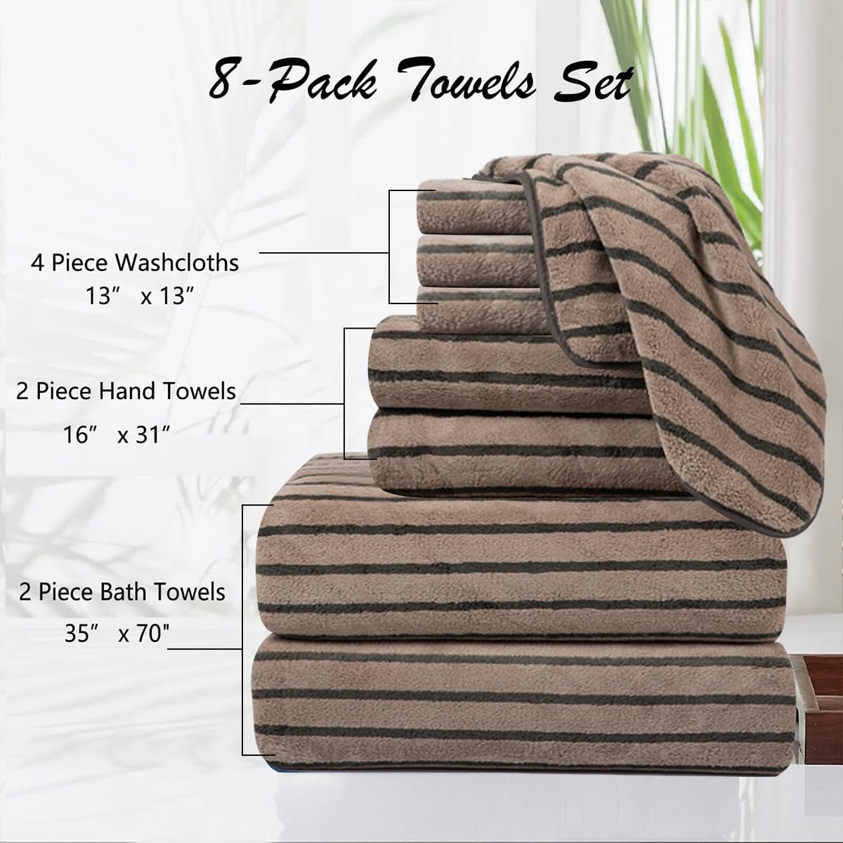 8 Pcs Polyester Brown Cabana Stripe Large Bath Towel Set-2 Bathroom Towels,2 Hand Towels,4 Washcloths Lightweight 600GMS Bath Sheet Absorbent Shower Towel Quick Dry Beach Chair Spa Gym Hotel Towels - Image 7