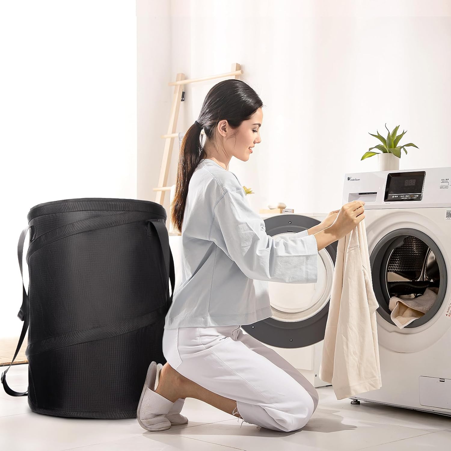 Bukere Laundry Hamper with Wheels, Extra Large 3 in 1 Pop Up Basket with Rolling Trolley, Collapsible Freestanding Carry Bag Wheeled Laundry Cart for Clothes, Laundry Room, Apartment, College Dorm