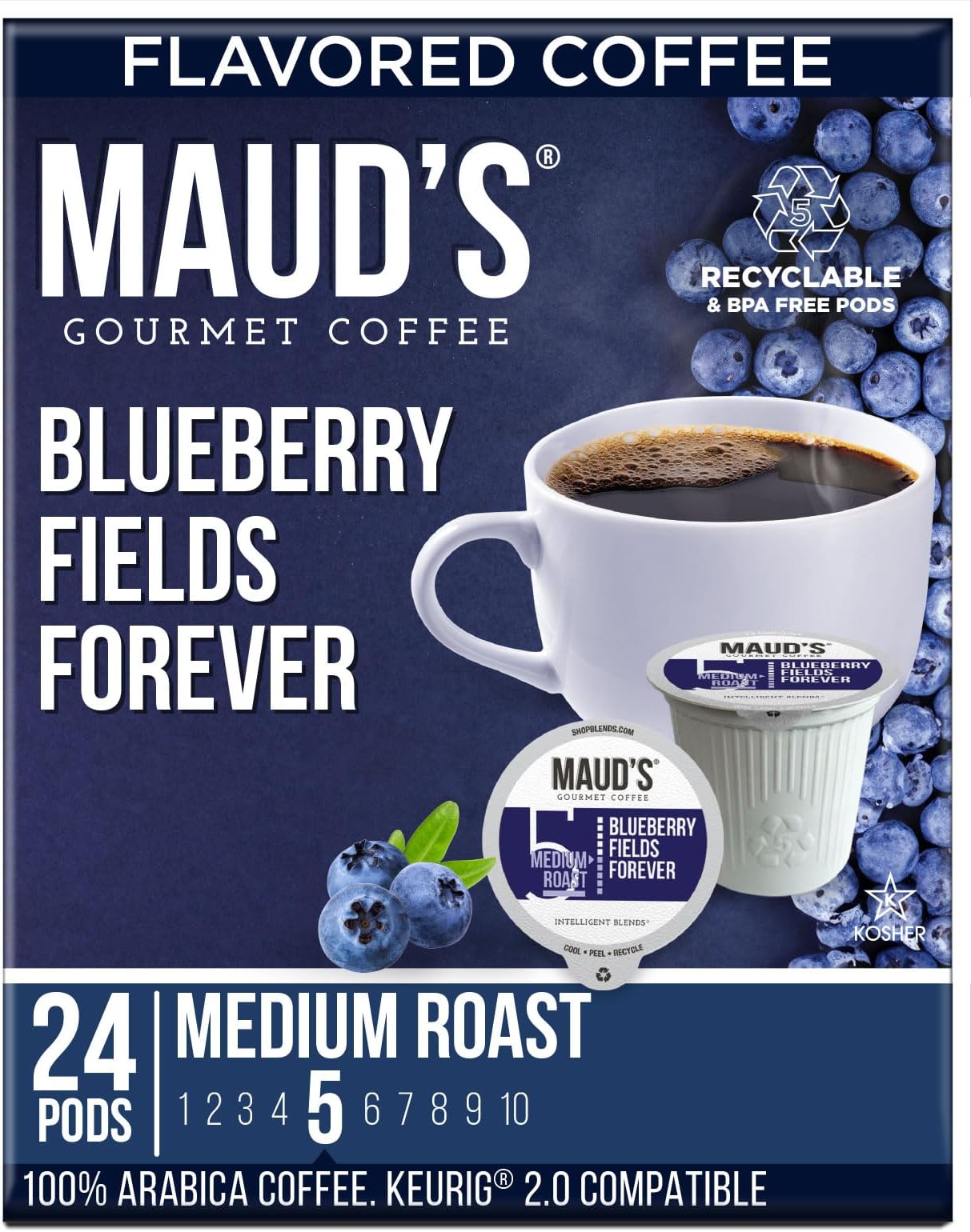 MAUD'SBlueberry Flavored Coffee Pods, 24 ct, Medium Roast Flavored Coffee in Recyclable Single Serve Pods – 100% Arabica Coffee, Compatible with Keurig K Cups Maker