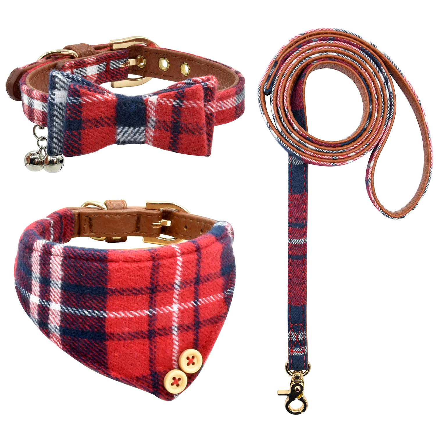 3PCS Bow Tie Dog Collar and Leash Set Plaid/Camo/Dots/Flower Dog Bandanas with Bell 3 Size Adjustable for Small Dogs Puppies and Cats (XS, Red Plaid 3