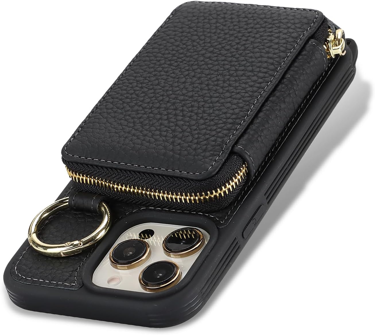 Cavor Genuine Leather for iPhone 15 Pro Wallet Case with Card Holder for Women Men,for iPhone 15 Pro Case with Strap, Crossbody Lanyard and Wristlet Zipper Phone Case-Black