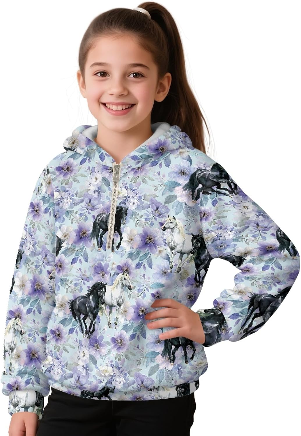 AmzPrint Toddler Girl Quarter Zip Fleece Hoodie Long Sleeve Pullover Basic Jogger Blue Roses Butterfly Stars Print Black Pullover Hoodies For Big Girls