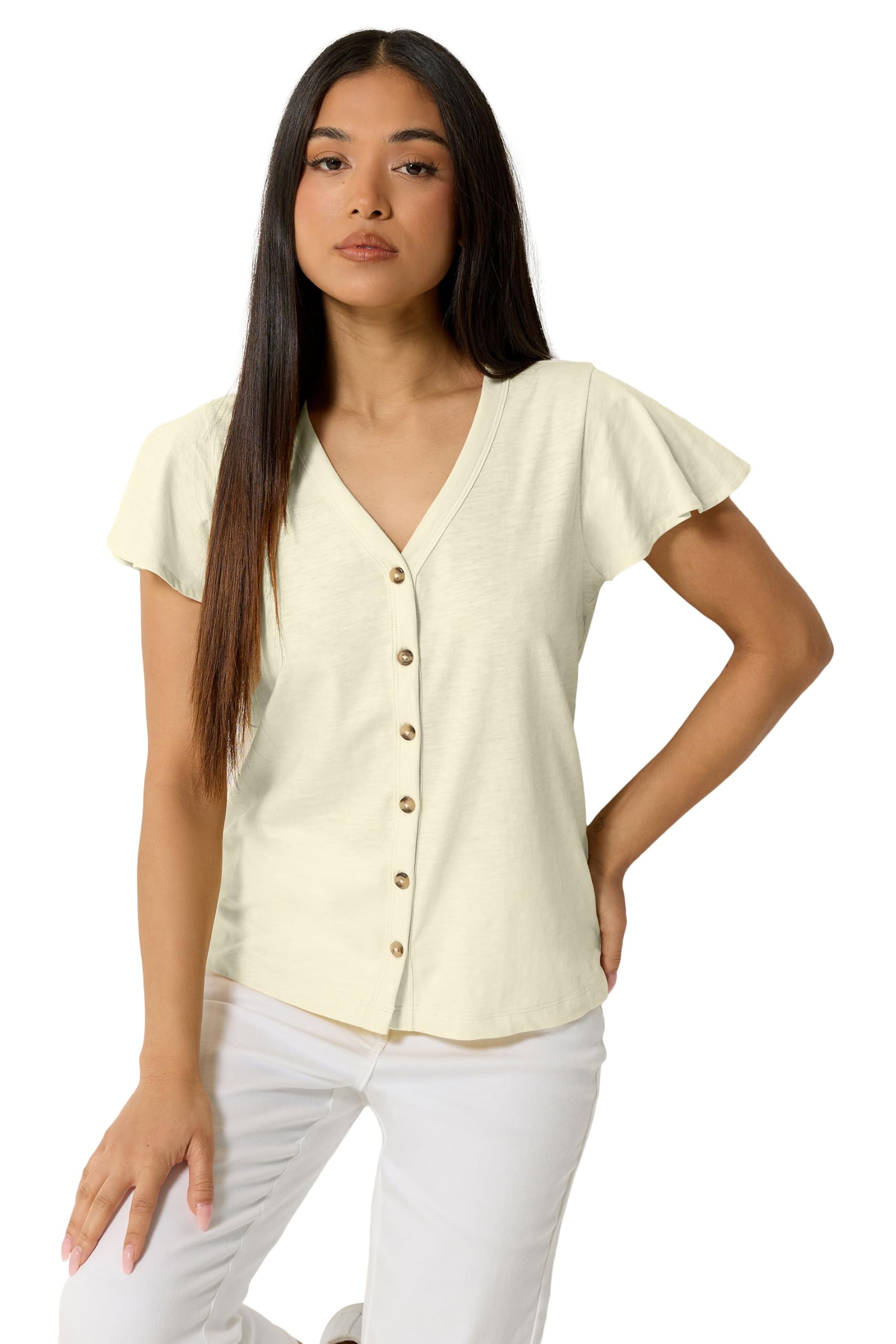 M&Co Women's Lemon Petite Cotton Frill Sleeve Blouse In | Size: 14