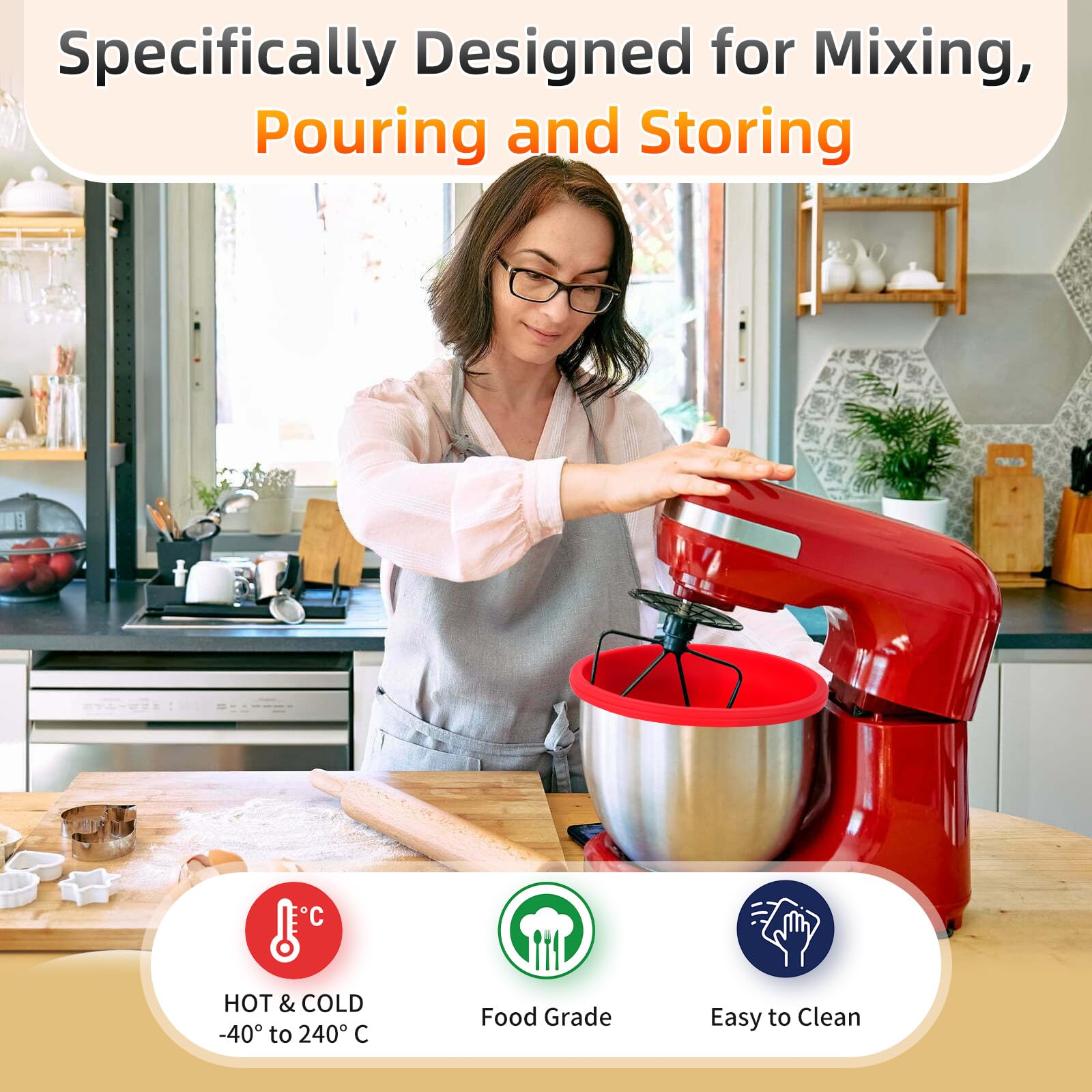 Inserto in Silicone per Ciotola Kitchenaid, Rivestimenti in Silicone per Robot da Cucina Kitchen Aid Mixer TILT-HEAD 4.8L, Ciotole da Mescolare con Coperchi Accessori e Ricambi per KitchenAid (Rosso)