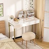 Vista 3 de GreenForest Vanity Desk with 2 Drawers,47 inch White Desk with Glossy Desktop Easy Clean,Makeup Dressing Table with Metal Gold Legs for Home Office