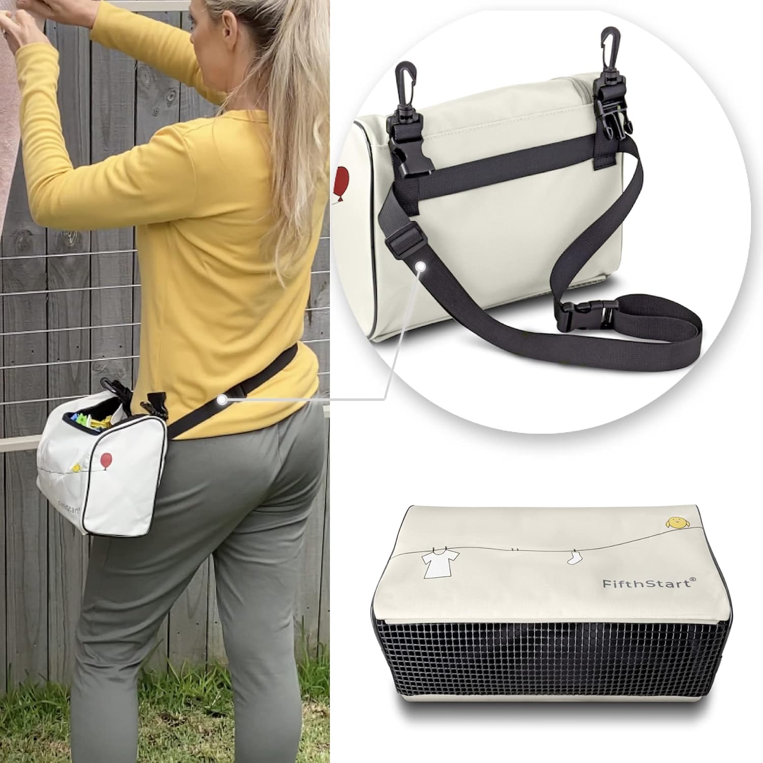 Wearable Clothespin Bag with Shoulder & Waist Strap. Double Secure Clips & Clever Quick Dry Mesh Clothes Pins Bag Holder. Clothes Pin Bag That Holds Up To 300 Medium Clothespins (Beige, Zip Top)