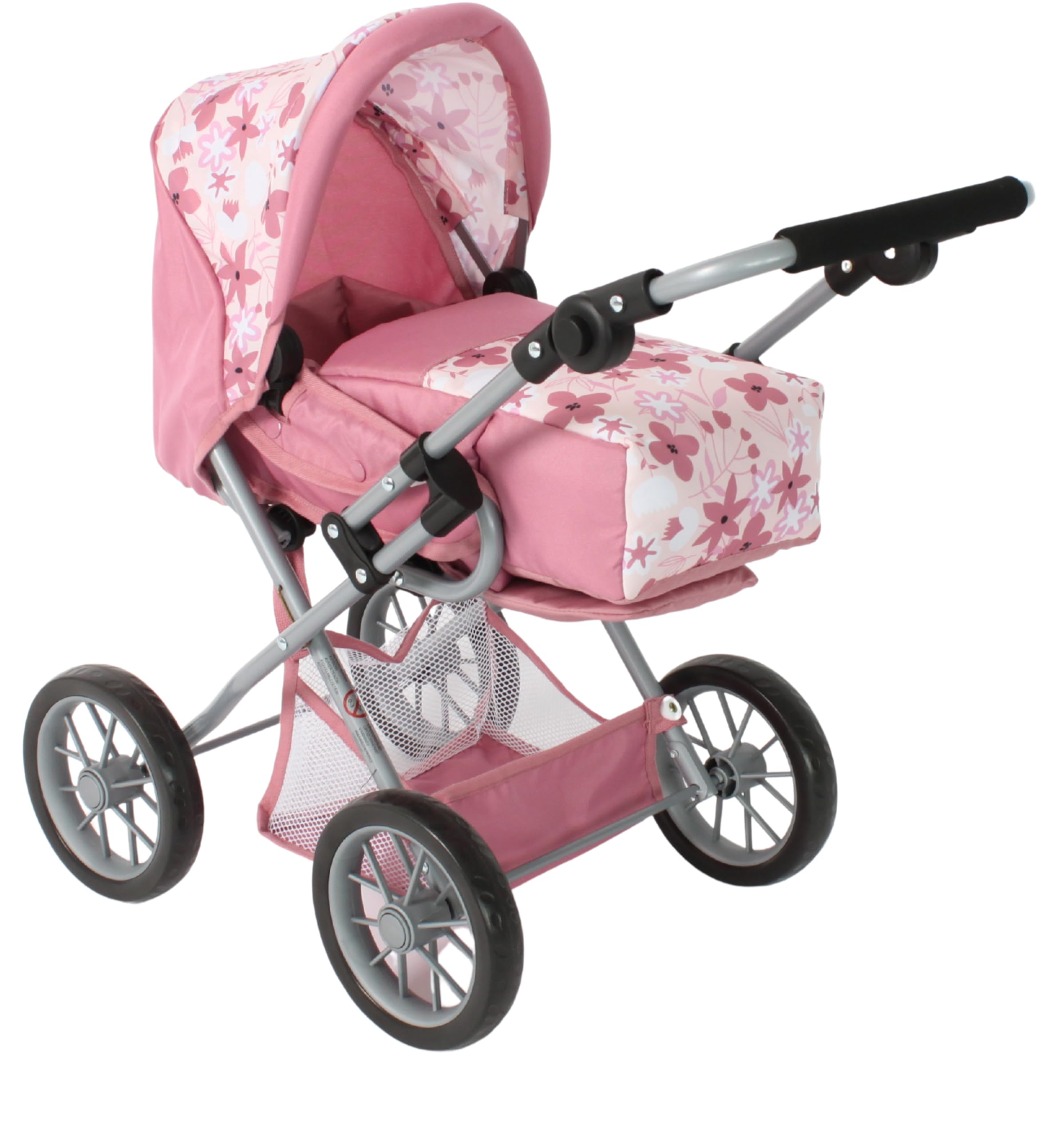 Bayer Chic 2000® Wózek dla lalek Leni kombi 3 w 1 – kwiaty różowe – składany, uchwyt z regulacją wysokości 43-67 cm, torba do przenoszenia – lalki do 46 cm, od 3 J.