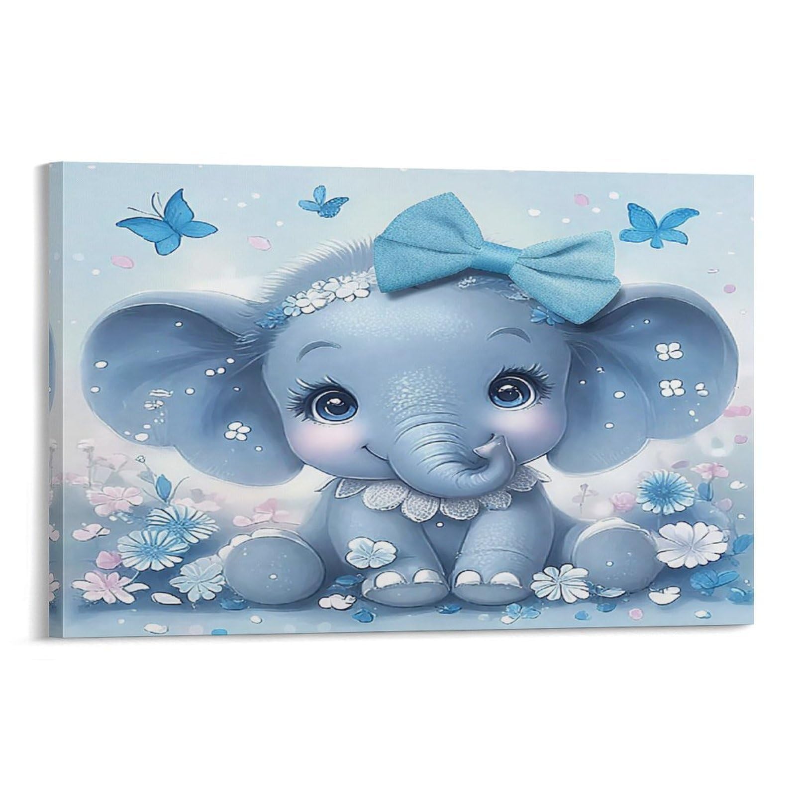 CPLVKWRQJ Sleeping Baby Elephant Under Moonlight Single Cute Blue Baby Elephant Bow Butterfly Flower Canvas Artwork - Nursery Canvas Wall Hanging Space Saving Ready to Hang Decor 20x30inch(50x75cm)