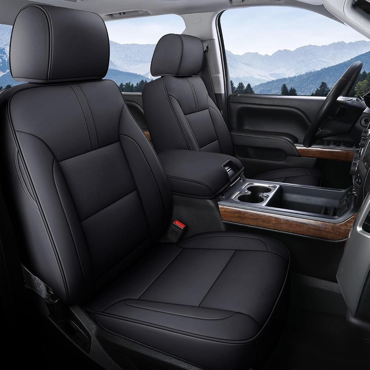 Chevy Silverado Seat Covers, Faux Leather Seat Covers Fit for Chevy Silverado GMC Sierra 2007-2025 1500, 2015-2025 2500HD 3500HD Crew Double Extended Cab (Front, Black)