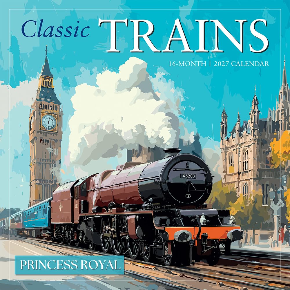 Classic Trains 2027 Wall Calendar, 16-Month Steam Engines, Art Deco Streamliners & Vintage Rail Poster Art, 12" × 12"