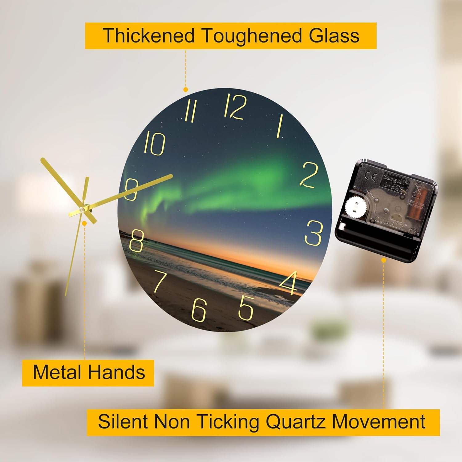 VIKMARI 12 Inch Modern Wall Clock, Aesthetic Black and Gold Decor Accessories, Unusual Silent Non Ticking Aurora Clocks for Living Room/Kitchen/Bedroom/Bathroom/Office (Glass)