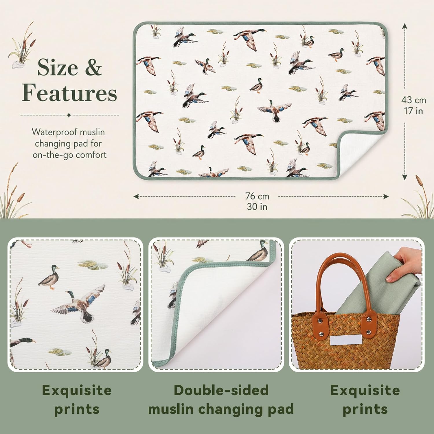 CroBlissful 2 Pack Mallard Duck Waterproof Muslin Cotton Changing Pad 30"x 17", Soft & Foldable Baby Changing Mat Travel Pad Mallard Duck Baby Stuff Hunting Nursery Decor