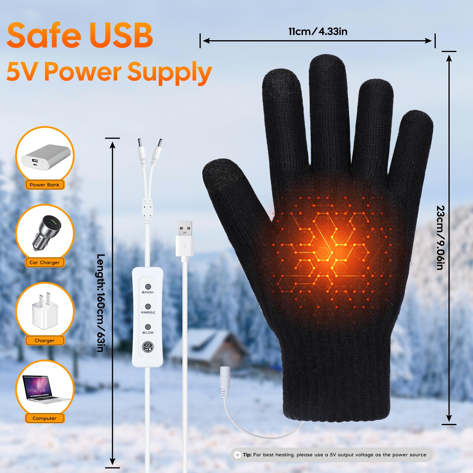 Guantes Calefactables USB para Pantalla Táctil 3 Temperaturas Felpa Gruesa Trabajo Frío Esquí Senderismo Regalo