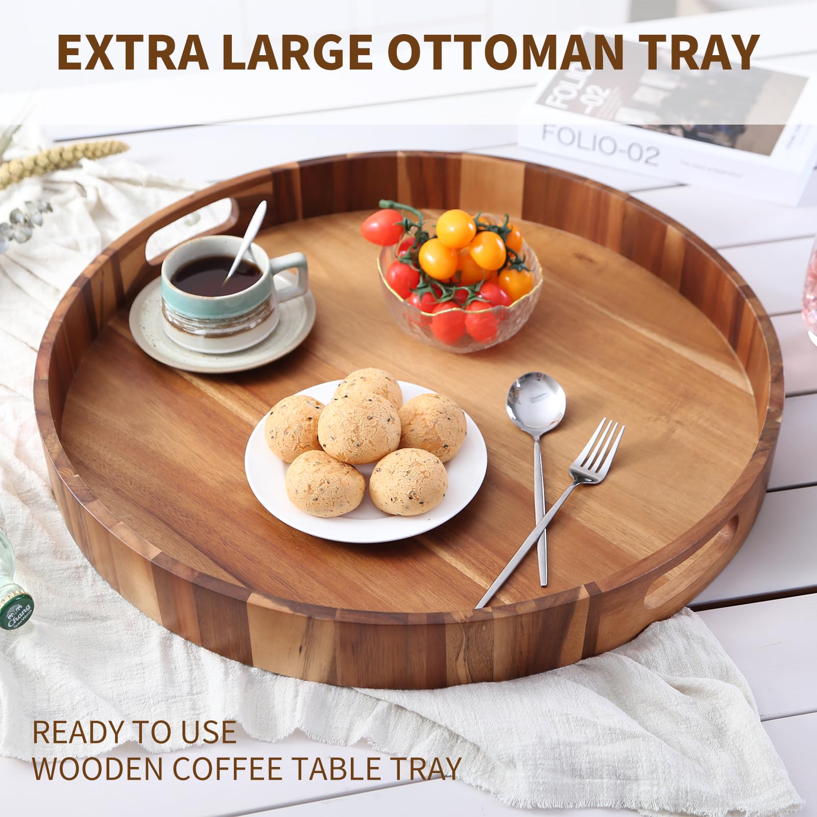Extra großes 50,8 cm großes Tablett aus Akazienholz mit Griffen, Serviertablett aus Holz für Ottomane, Couchtisch, Charcuterie, Bed & Breakfast – rustikaler moderner Stil