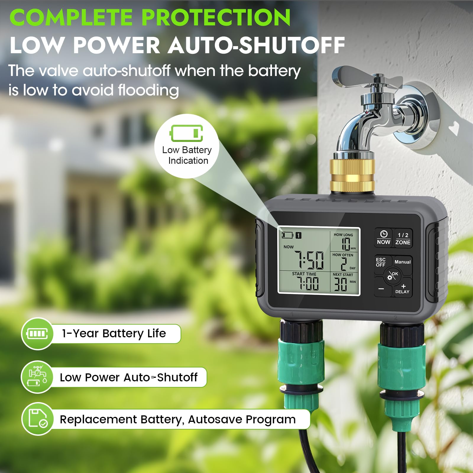 RIOGOO Temporizadores de Grifo para Manguera de jardín Exterior, Temporizador programable para aspersores con retardo por Lluvia (2 Outlet Water Timer)