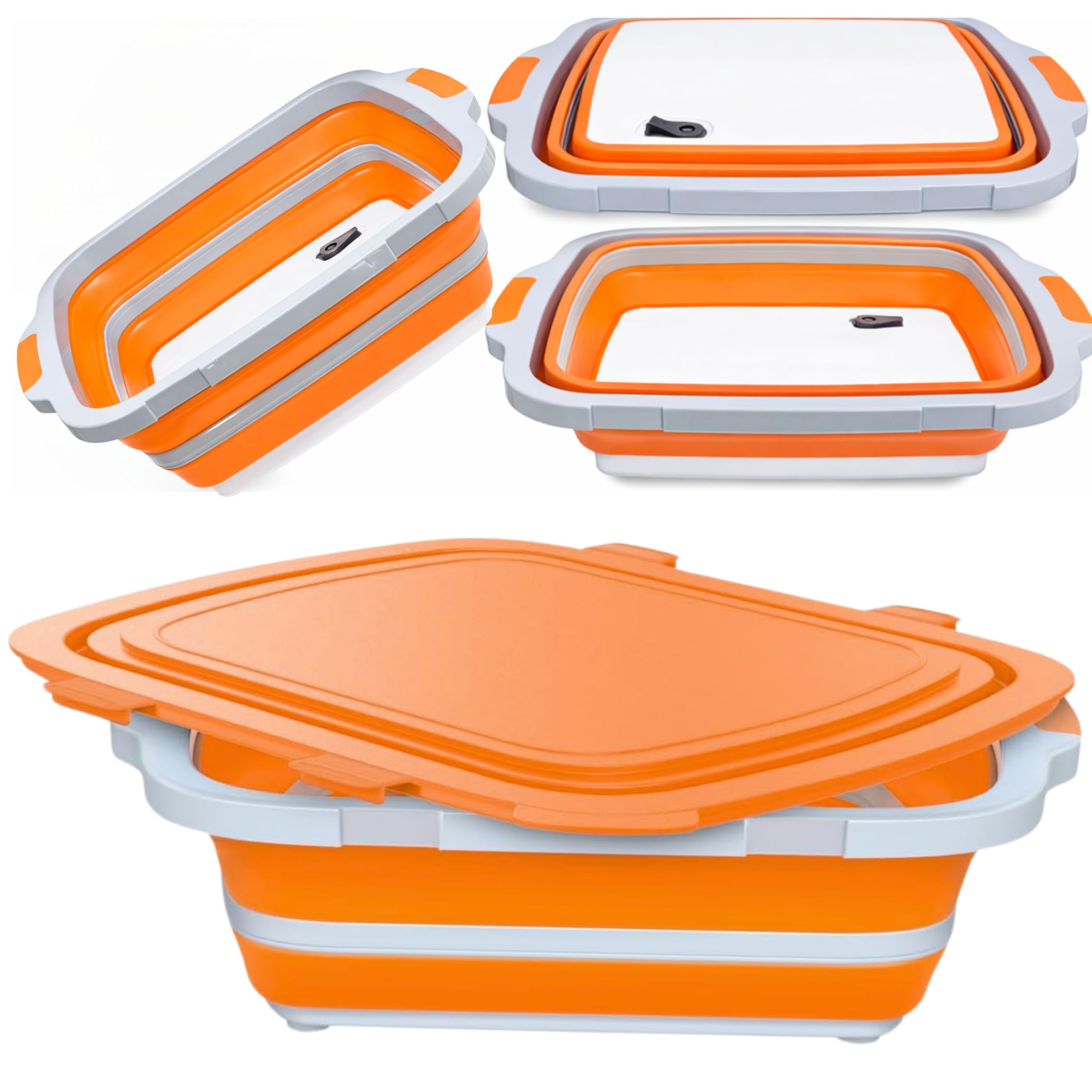 Premium Collapsible BBQ Prep Tub with Cutting Board, Locking Lid and Colander - Foldable Chopping Board, Washing Basin with Drainer, Multi-Purpose Camping Bowl