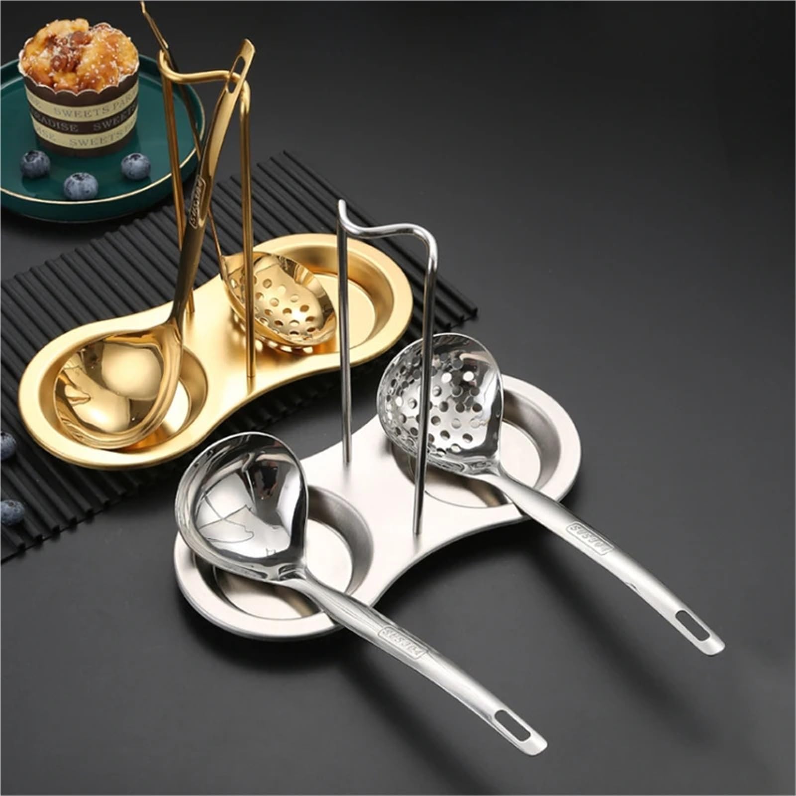2 stücke Suppe Löffel Halter Edelstahl Besteck Regal Tablett Restaurant Schöpfkelle Küche Gadget Kochen Werkzeug Ablage für Kochlöffel, Schöpfkellen(Gold)