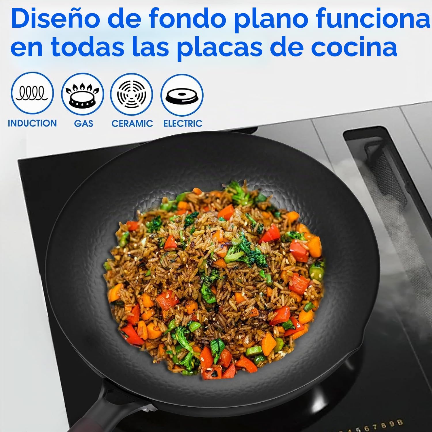 Souped Up Recipes Wok de acero al carbono para estufas eléctricas, de inducción y de gas (tapa, espátula y video de guía de usuario incluidos)