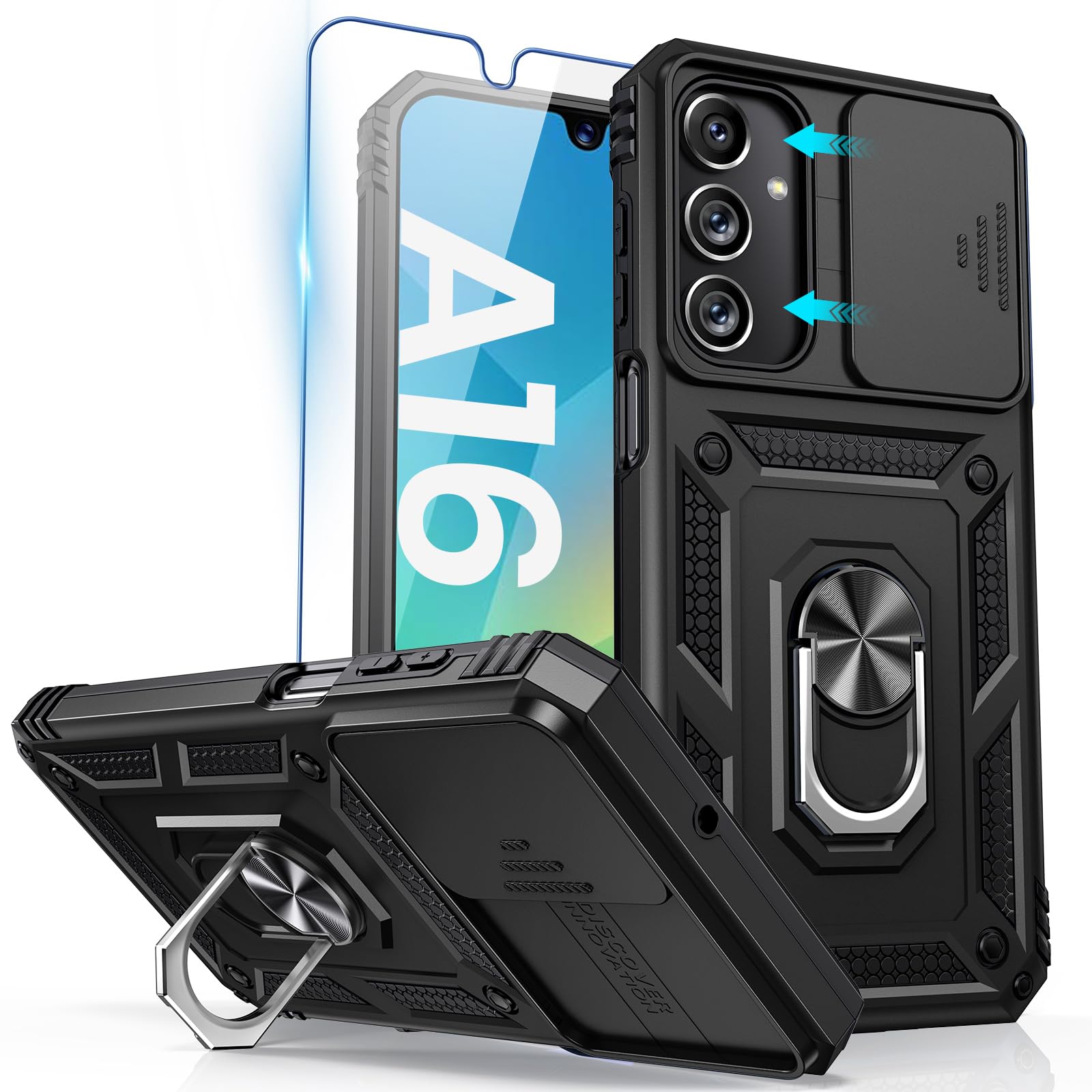 Goton Compatible with Samsung Galaxy A16 5G Case with Camera Cover & Kickstand Ring with Tempered Glass Screen Protector, Military Grade Shockproof