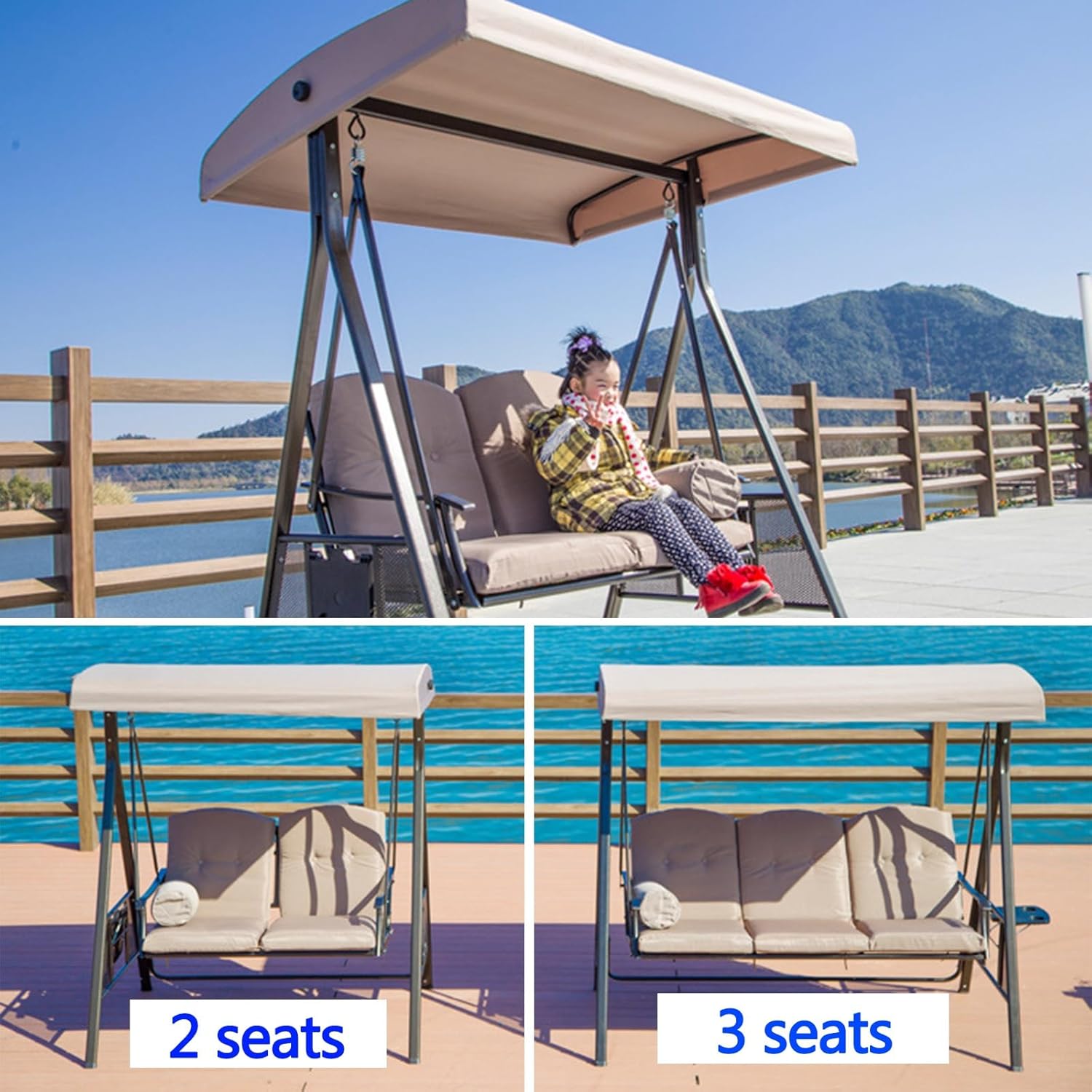 Outdoor Swing Canopy Replacement Cover, 600D Waterproof Sun Shade Porch Swing Canopy Replacement Top for 2-3 Seater Garden Yard Patio Swing Cover(2 Seater: 158x118cm/62x46.4in)