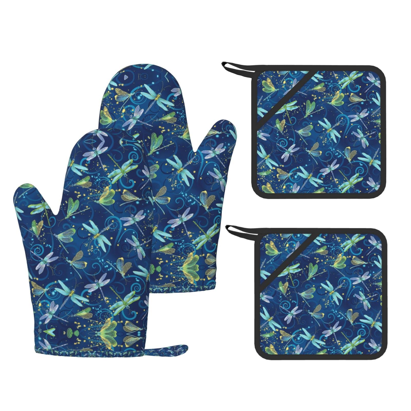 Dragonfly Trendy Printed Kitchen Set with Heat Resistant Gloves & Non-Slip Hot Pads for Baking & Grilling