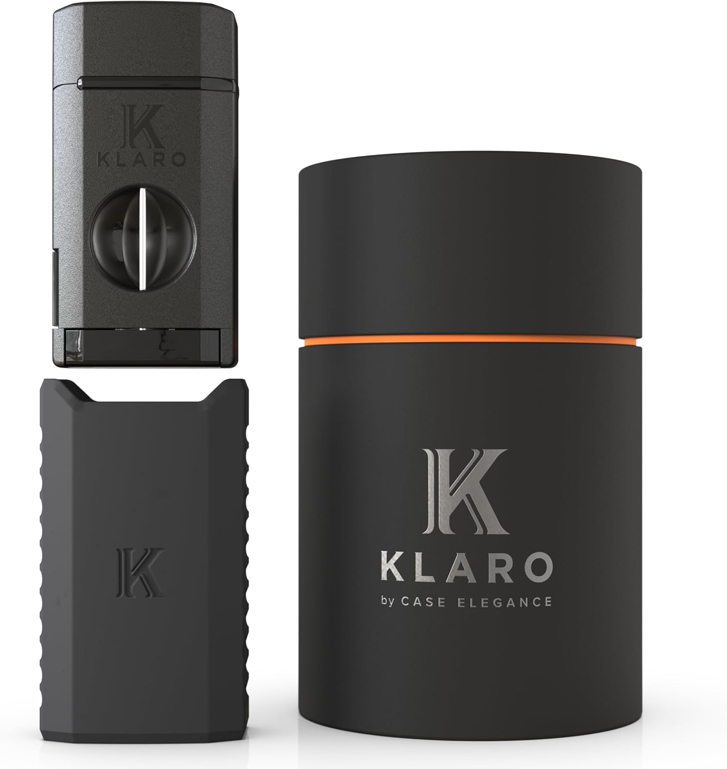KLARO Triple Torch Lighter and V-Cut Cutter – Spring-Loaded V-Cut, with Rest Lid, Gift-Ready with Silicone Sleeve – Black Finish – Lighter for Men