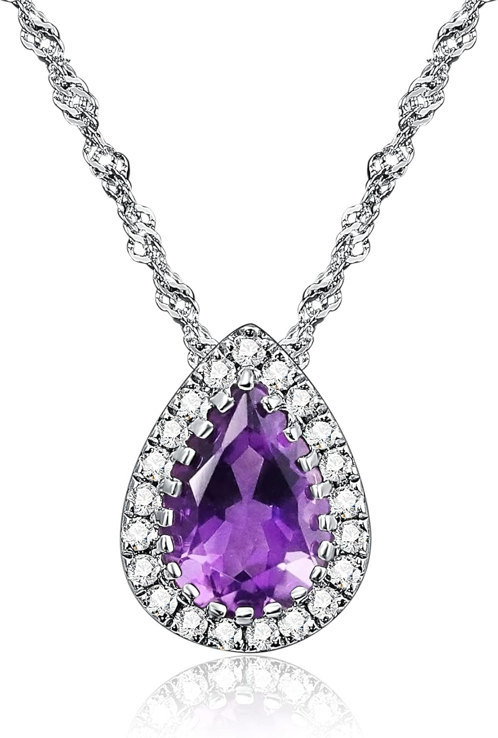 14K Solid White Gold Genuine Amethyst 5/8 Ct, Diamond Teardrop Pendant Necklace