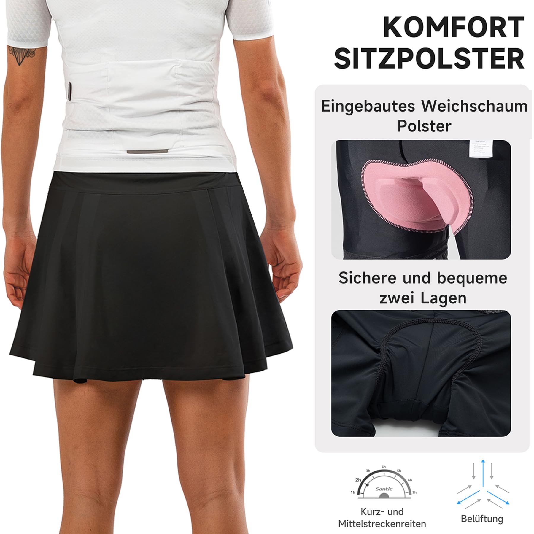 Santic Jupe de vélo pour femme avec pantalon rembourré, pantalon de cyclisme 2 en 1, jupe de vélo avec poche intérieure, pantalon de vélo, jupe-short de sport avec rembourrage d'assise 4D