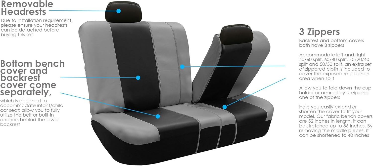 FH Group Car Seat Covers Full Set Royal PU Leather High Back Automotive Seat Covers, Airbag Compatible and Split Ready Gray Black Seat Covers Universal Fit Interior Accessories for Cars Trucks and SUV