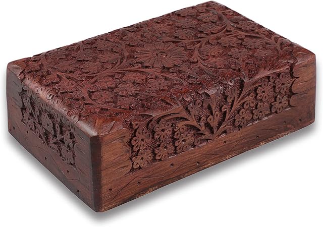 Handy Kala Wooden Box - Sheesham Wood Handmade Jewellery Box with Lid, Velvet Interior, Floral Carving Detail, Brass Inlay-Storage Box for Crystals, Jewels, Trinket, Charms, Valuables(Large, Carving)