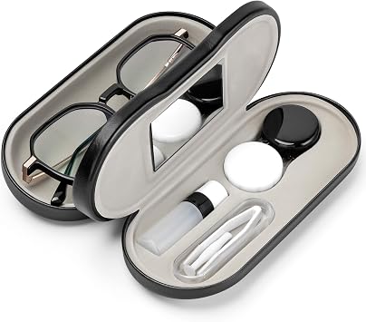 2 in 1 Contact Lens and Glasses Case Double Sided Portable Eyeglasses Case with Built-in Mirror Tweezer Remover and Contact Lens Solution Bottle Storage Kit for Travel Outdoors Daily Use