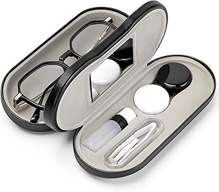 2 in 1 Contact Lens and Glasses Case Double Sided Portable Eyeglasses Case with Built-in Mirror Tweezer Remover and Contact Lens Solution Bottle Storage Kit for Travel Outdoors Daily Use