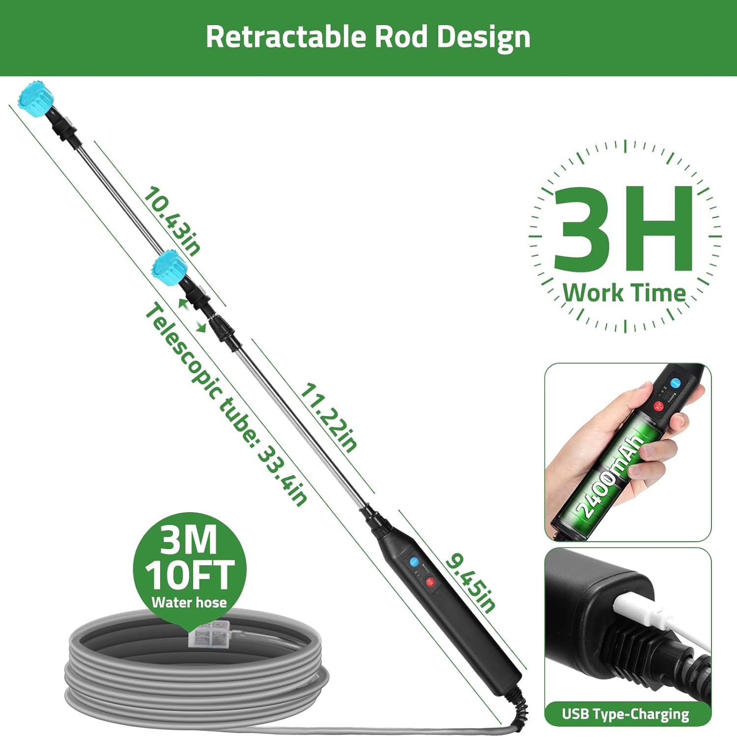 DOUBFIVSY Battery Powered 33" Garden Sprayer Wand, 3 Adjustable Speeds, 4 Mist Nozzles, 10 FT Hose, Black, ABS Handle, Stainless Steel Tube, Lawn & Garden Sprayer - Image 5