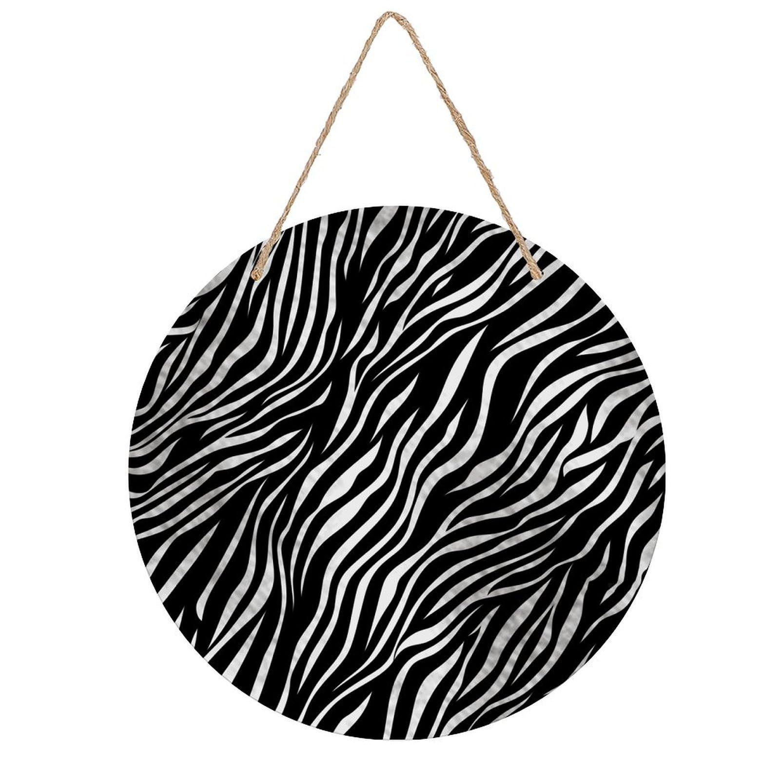 FekiLoot Round Zebra Print Wall Art Decor Painting Wooden Hanging Sign with Ropes Bohemian Wall Hanging Retro Mid Century Modern Wall Art for Home Bedroom Living Room 7.9x7.9 in