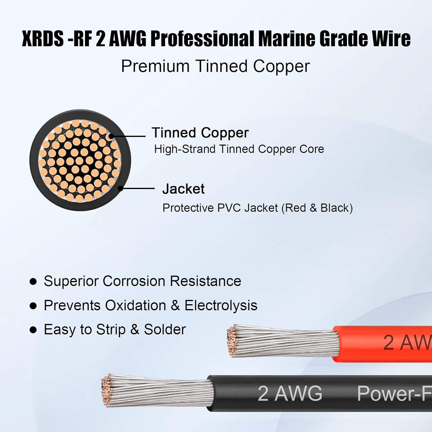 Marine Wire 2 AWG, 10FT Red & 10FT Black Tinned Copper Boat Cable, Flexible 2 Gauge Marine Grade Battery Cable for Marine, RV, Inverter, and Solar