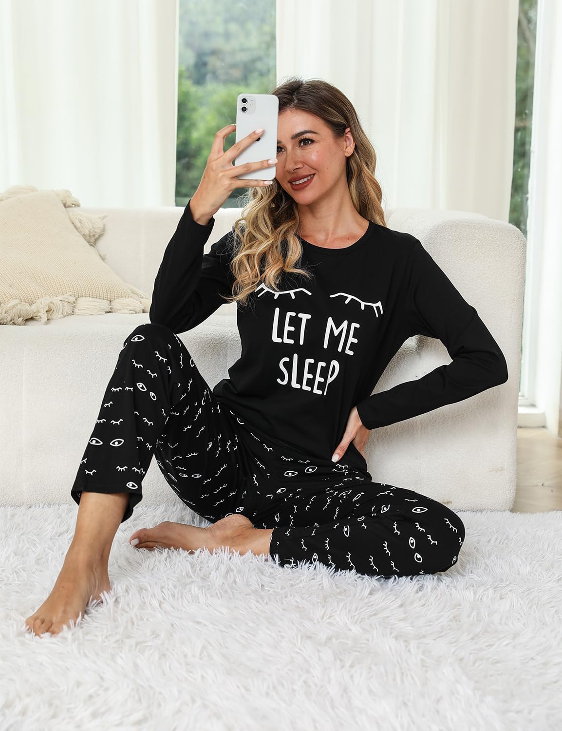 EISHOPEER Women's 2 Piece Cotton Long Sleeve Pajamas Set Cute Print Top and Pants Pjs Loungewear Sleepwear Sets - Image 4