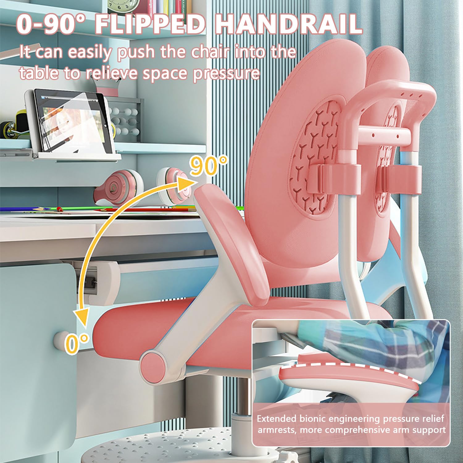 Silla de escritorio infantil, altura regulable con reposabrazos giratorios de 90° y reposapiés, silla giratoria ergonómica para niñas y niños, cómoda silla de aprendizaje para habitación