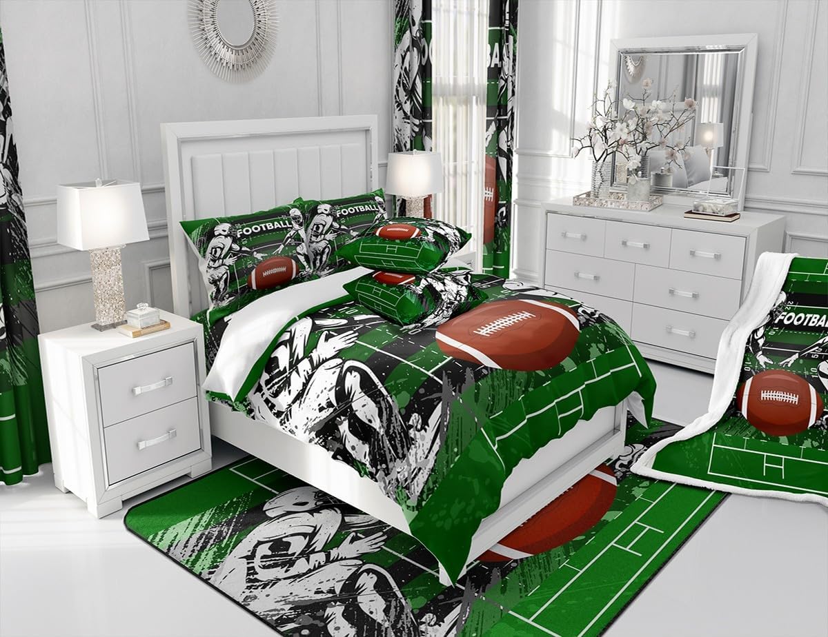 Feelyou Football Comforter Set 3 Pieces Boys Rugby Bedding Set Queen Size for Kids Teens Sports Themed Bed in A Bag Rugby Player Bedding Set with with 2 Pillowcases