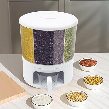 6 Grids Rotating Dry Storage Dispenser 360 Rotating Food Dispenser Round Cereal Dispenser Multigrain Tank Rice Storage Bucket Container Countertop Grain Storage Container for Kitchen, White