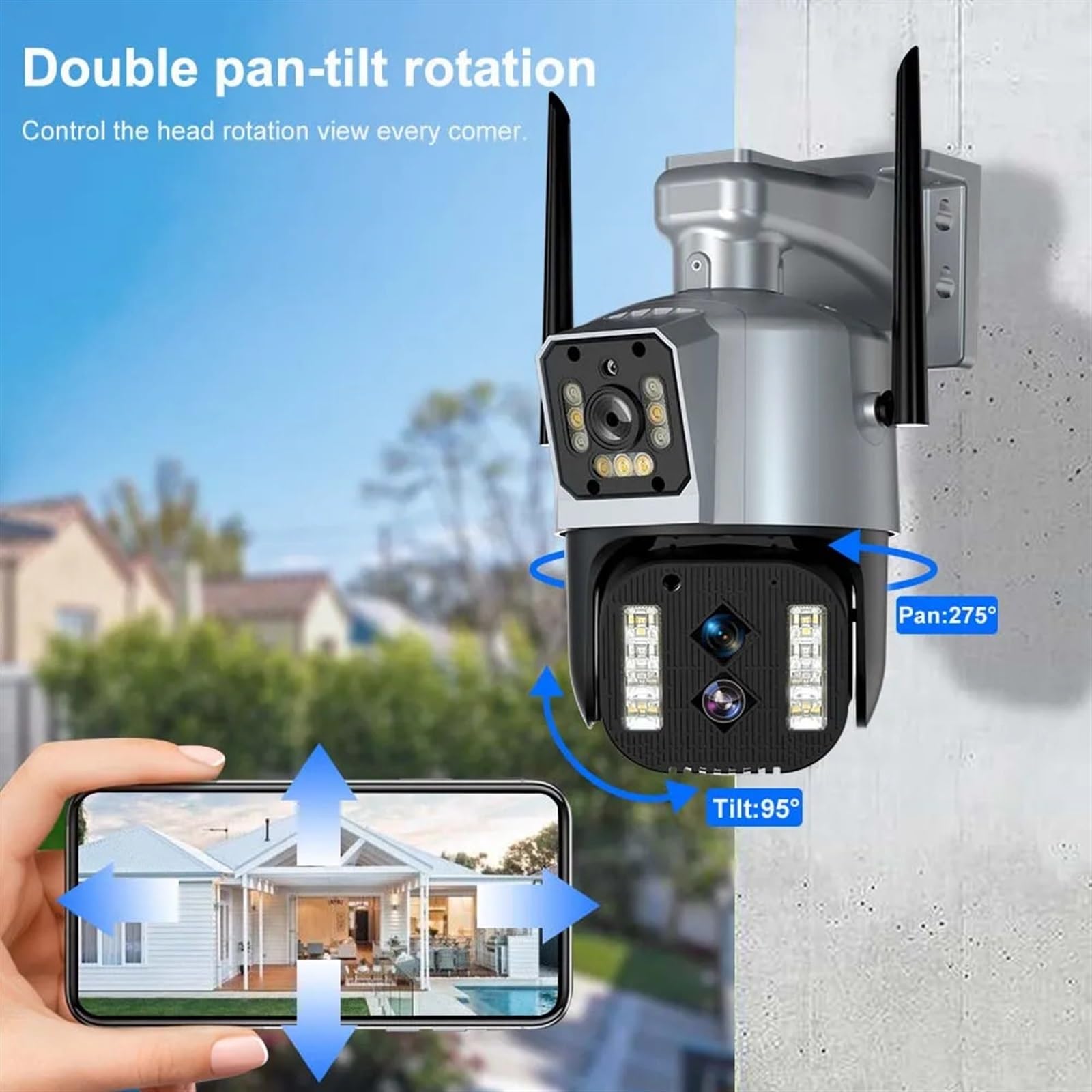 Zewnętrzna bezprzewodowa kamera bezpieczeństwa 5K HD kamera IP 10-krotny zoom AI śledzenie trzy obiektywy kamera PTZ CCTV inteligentny domowy nadzór wideo(5K Camera No Card)