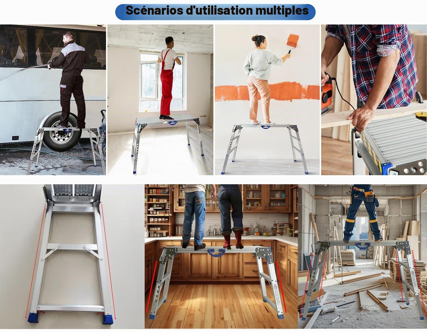 Plateforme de Travail 100x30cm, Escabeau Pliant à 2 marches en Aluminium, Marchepied Réglable en Hauteur, avec Pieds Antidérapants & Serrures de Sécurité, jusqu'à 150kg